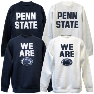 navy and white crew neck sweatshirts We Are & Athletic Logo on fronts, Penn State on backs
